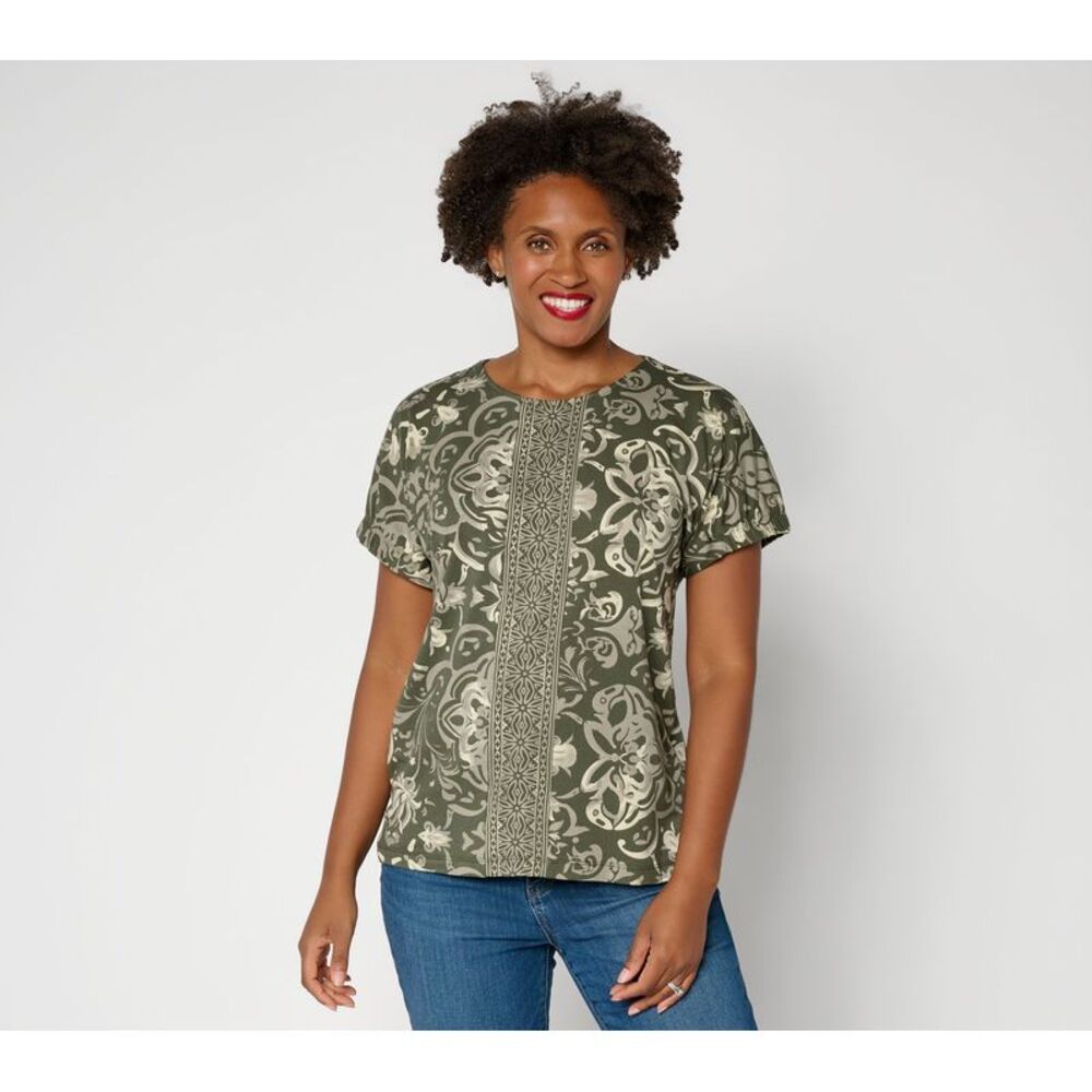 Denim & Co. Women's Top Sz L So Soft Jersey Placed Print Dolman Green